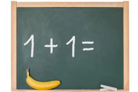 One plus one is written on a blackboard Stock Photos