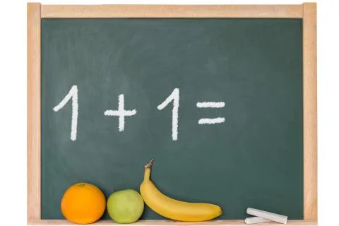 One plus one is written on a blackboard Stock Photos