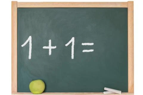 One plus one is written on a blackboard Stock Photos