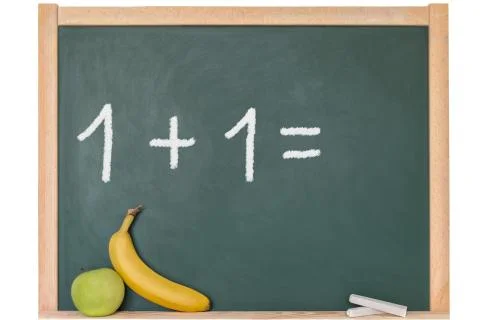 One plus one is written on a blackboard Stock Photos