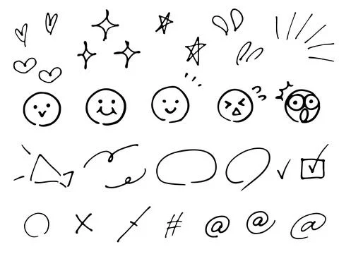 One-point symbol set such as hand-drawn hearts, stars and emoticons. Stock Illustration