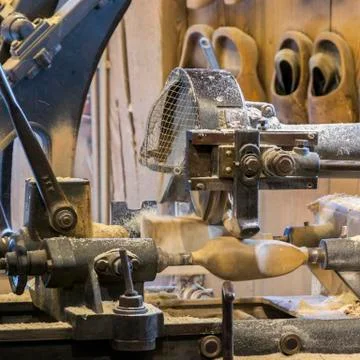 One of the process of manufacturing of dutch clogs Stock Photos