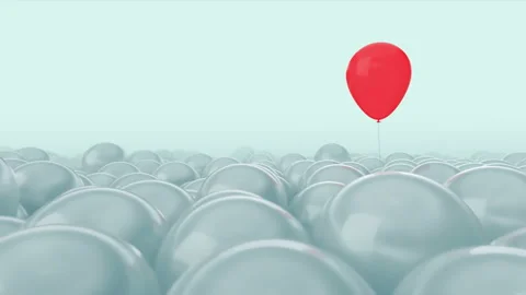 One red balloon is opposed by many other balloons. Bright blue light background Stock Footage 121925985