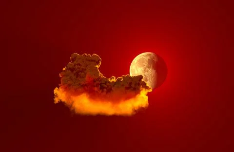 One red cloud with moon , digital nature 3D illustration Stock Illustration