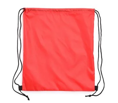 One red drawstring bag isolated on white Stock Photos