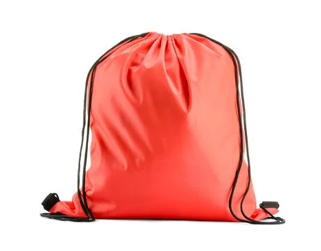 One red drawstring bag isolated on white Stock Photos