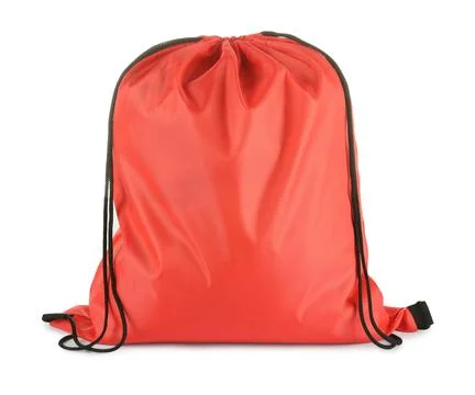One red drawstring bag isolated on white Stock Photos