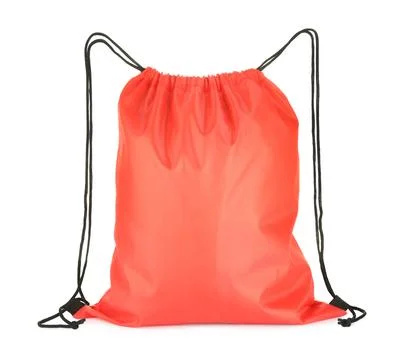 One red drawstring bag isolated on white Foto stock