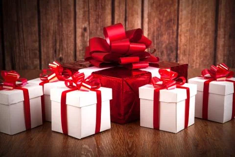 One red gift box white gift boxes Foto stock