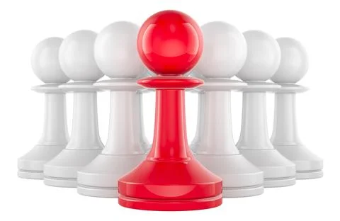 One red pawn with other white pawns. Leader concept from chess pawns. 3D re.. Stock Illustration