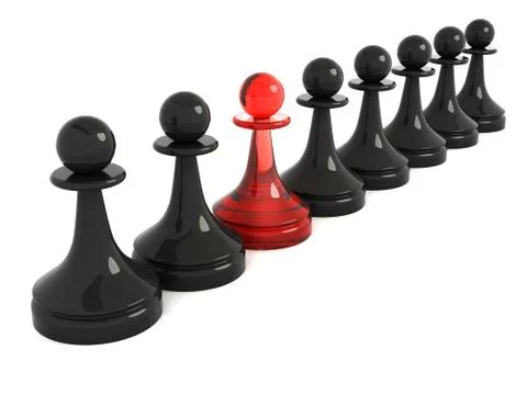 One red pawn in row of black. 3d render illustration isolated on white 스톡 일러스트