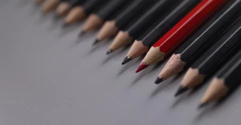 One red pencil between row of black pencils 写真素材