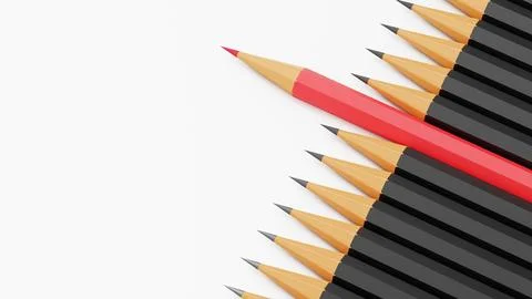 One Red pencil step forward among bunch of black pencils, Lead the way concept Stock Illustration