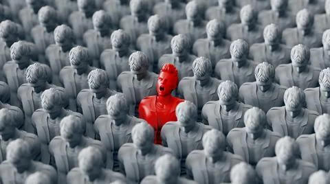 One Red standing Men screaming among Large Crowd grey people. 3d rendering Stock Illustration