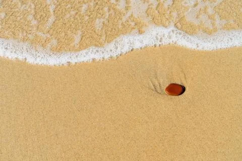 One red stone on the sand with a wave and with foam. Stock Photos