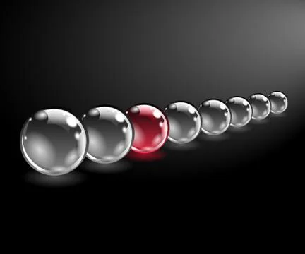 One red unique sphere came forward from a row of black spheres Stock Illustration