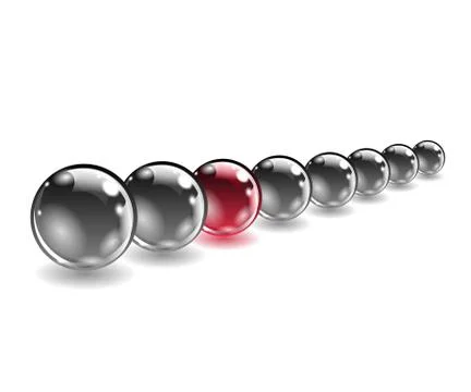 One red unique sphere came forward from a row of black spheres Stock Illustration