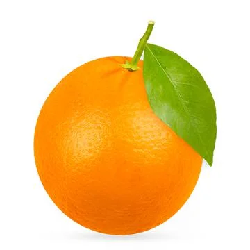 One ripe orange fruit with leaf and shadow isolated on white Stock Photos
