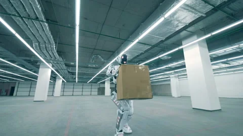 One robot carries a cardboard box, close up. 库存影片 112660352
