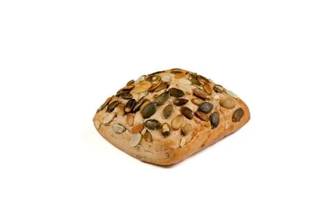 One roll bread with pumpkin seeds on white background Stock Photos