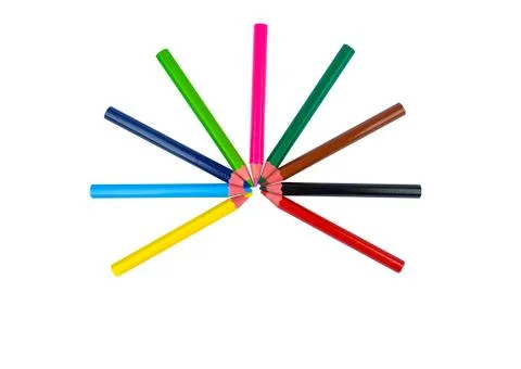 One round design made with some different colored wood pencil crayons on whit Foto stock