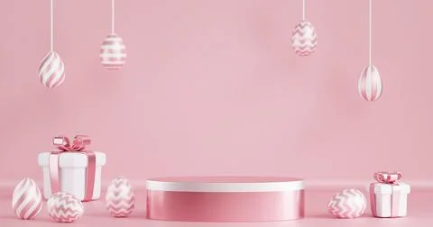 One round pedestal podium with Easter decor on a pink background Illustrazione stock