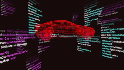 At one second 3D car rotating clockwise through views, code panels scrolling Stock Footage 313639319