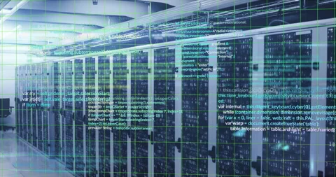 One second in code fading in over server racks with binary digits streaming for Stock Footage 312845305