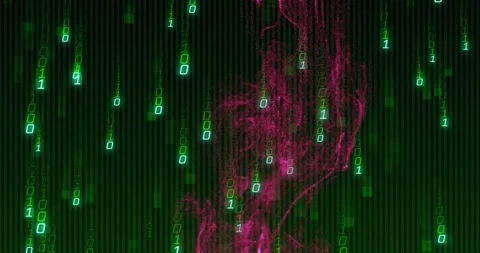 One-second cue releasing magenta smoke streaming downward amid green binary code Stock Footage 328097422