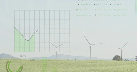 One-second delay fading overlay while turbines spinning and charts animating for Stock Footage 310406142