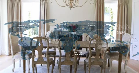 One-second later world map fading in over dining table and icons connecting into Stock Footage 318260286