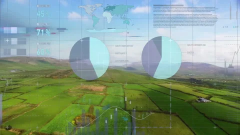 One-second starting finance overlay on farmland gauges rising charts growing for 스톡 동영상 311962670
