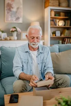 One senior man open box presents and read card while on video call Stock Photos