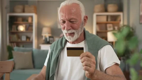One senior man use digital tablet hold credit car shopping online Stock Footage 250357187