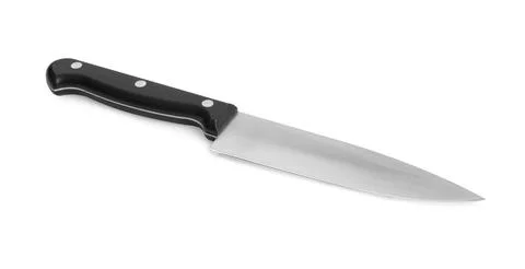 One sharp knife with black handle isolated on white Foto stock