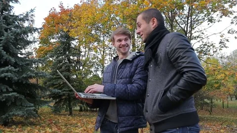 One shows another on laptop - two successful programmers discussing project Stock Footage 71252549