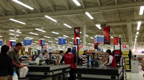 One side of check out counter inside Superstore. 스톡 동영상 54051592