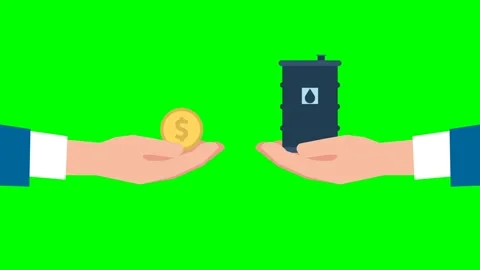 On one side is hand with a barrel of oil, on other side is hand with a gold coin Stock Footage 314765696