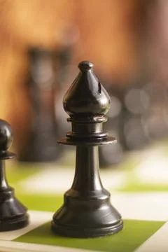 One side light on Black bishop chess piece Foto stock