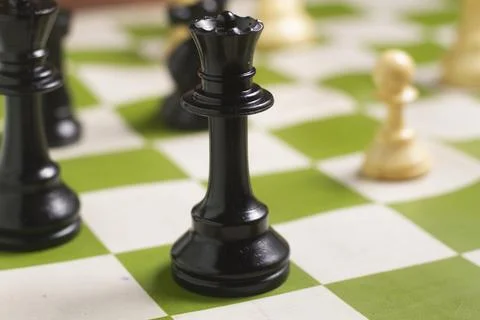 One side light on Black queen chess piece. close up photo 스톡 사진
