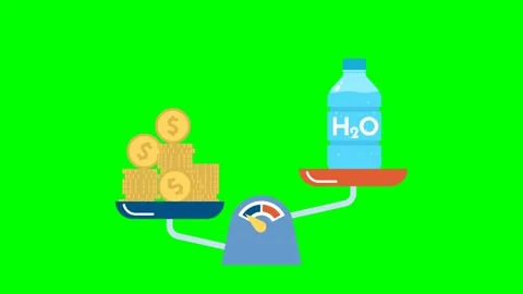 On one side of scale is a bottle of water, on other side of scale are gold coins Stock Footage 273808517