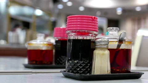 One side of seasoning sauce on table inside Chinese restaurant Stock Footage 56913412