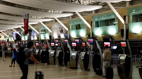 One side of self check in counter inside YVR airport in Vancouver BC Canada. Stock Footage 54024252