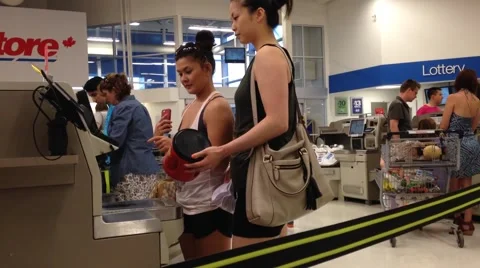 One side of self-check out counter inside superstore. Stock Footage 40105381