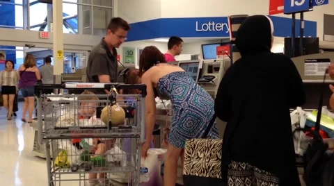 One side of self-check out counter inside Superstore. 스톡 동영상 54596491