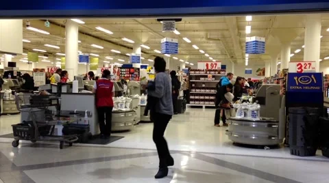 One side of store check out counter inside Superstore. Video stock 54131434