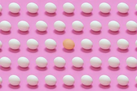One single brown egg among many white eggs Stock Photos