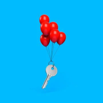 One single key with a ring flying on balloons on a blue background Stock Illustration