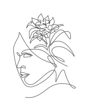 One single line drawing abstract face with natural flower vector illustration Stock Illustration