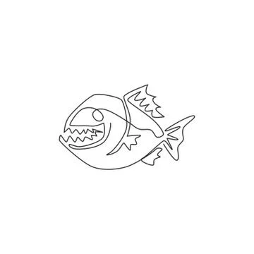 One single line drawing of angry piranha for logo identity. Amazon river fish Stock-Illustration